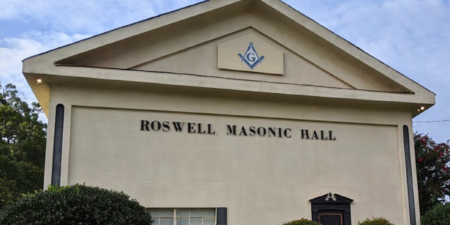 This photo depicts the front of the Masonic Hall in Downtown Roswell, Georgia