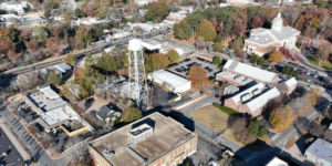 This photo shows an aerial view of Roswell City Hall and the site on Hill Street that will be developed.