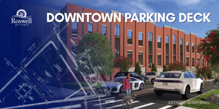 An image showing an artist's rendering of Roswell downtown parking deck with an overlay of the construction plan.