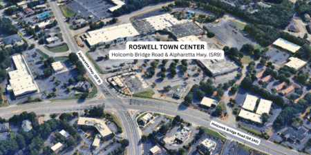 An aerial shot of the map, showing the Roswell Town Center at the intersection of Holcomb Bridge Rd. and Alpharetta Hwy.