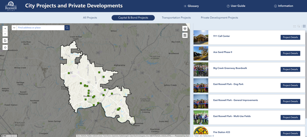 Screenshot of the City of Roswell bond project dashboard