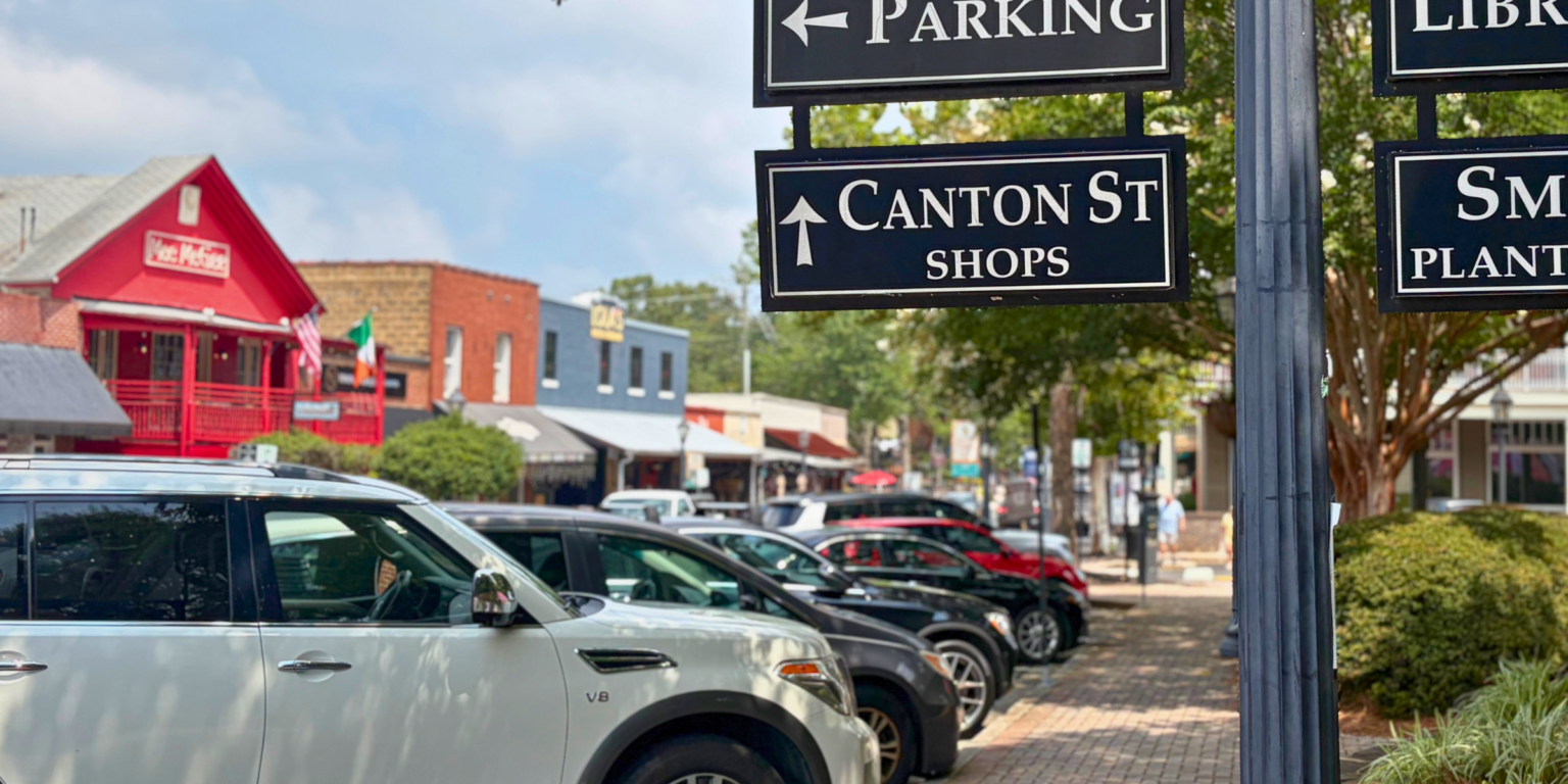 Cars parked along Canton Street in downtown Roswell.